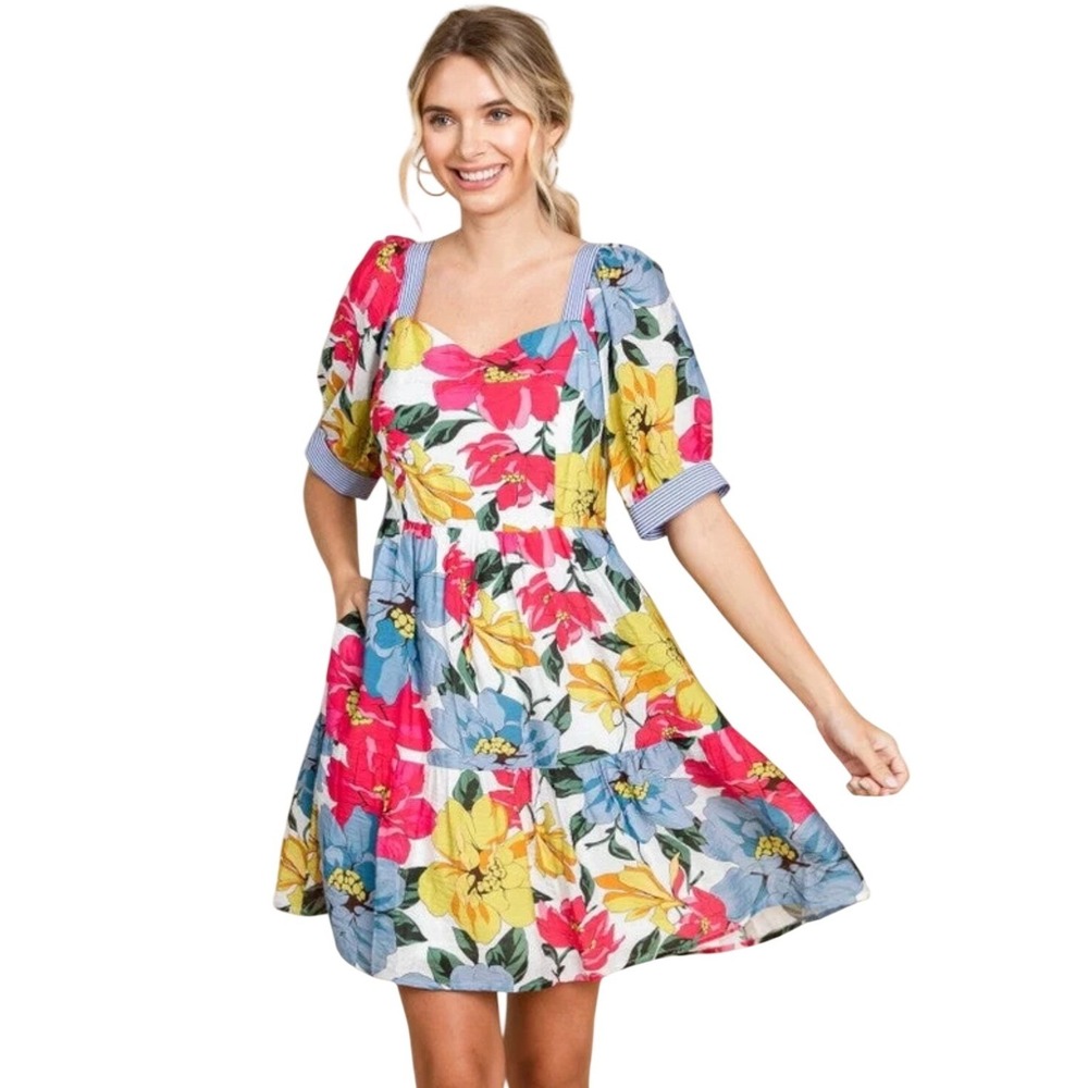 Jodifl Los Angeles Floral‎ Puff Sleeve Tiered Mini Dress Multi Color 2X NWT
